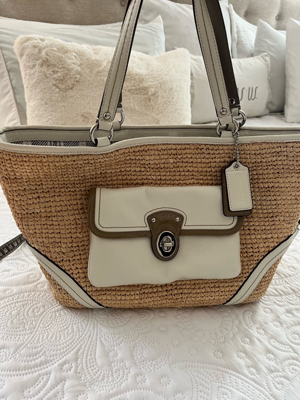 Coach Straw Tote with White and Brown Leather Trim, Never worn.